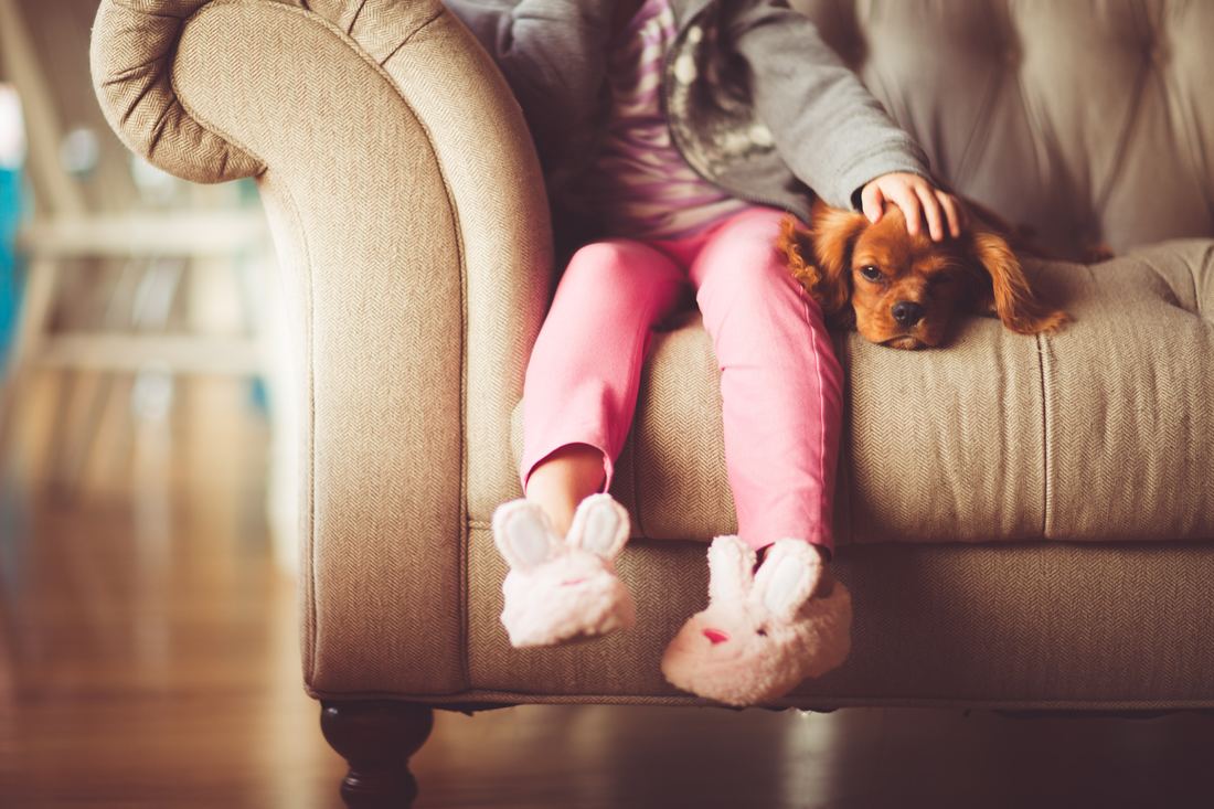 little girl with little dog on couch