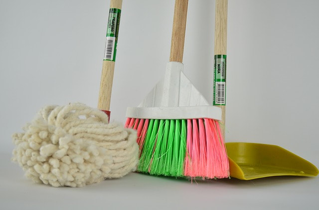 cleaning tools: mop, broom, dustpan